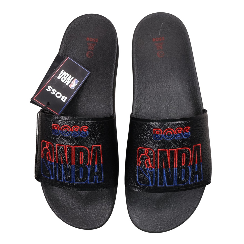 NEW Hugo BOSS NBA Logo Slides Sandals Casual Made in Italy Black Size 45‎ US 12